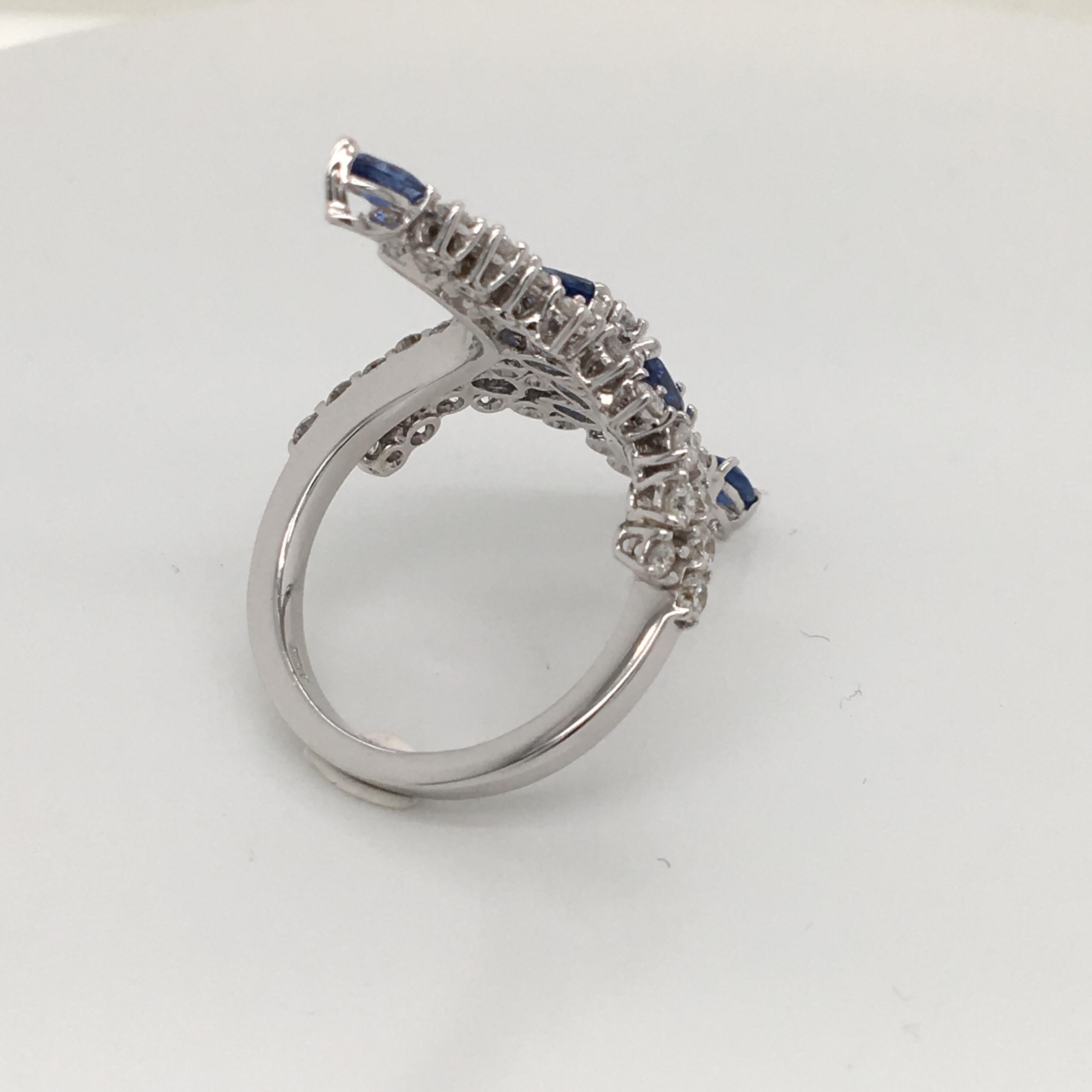 2.07 Carat Blue Sapphire and 1.53 Carat Diamonds Fashion Long White Gold Ring For Sale 1
