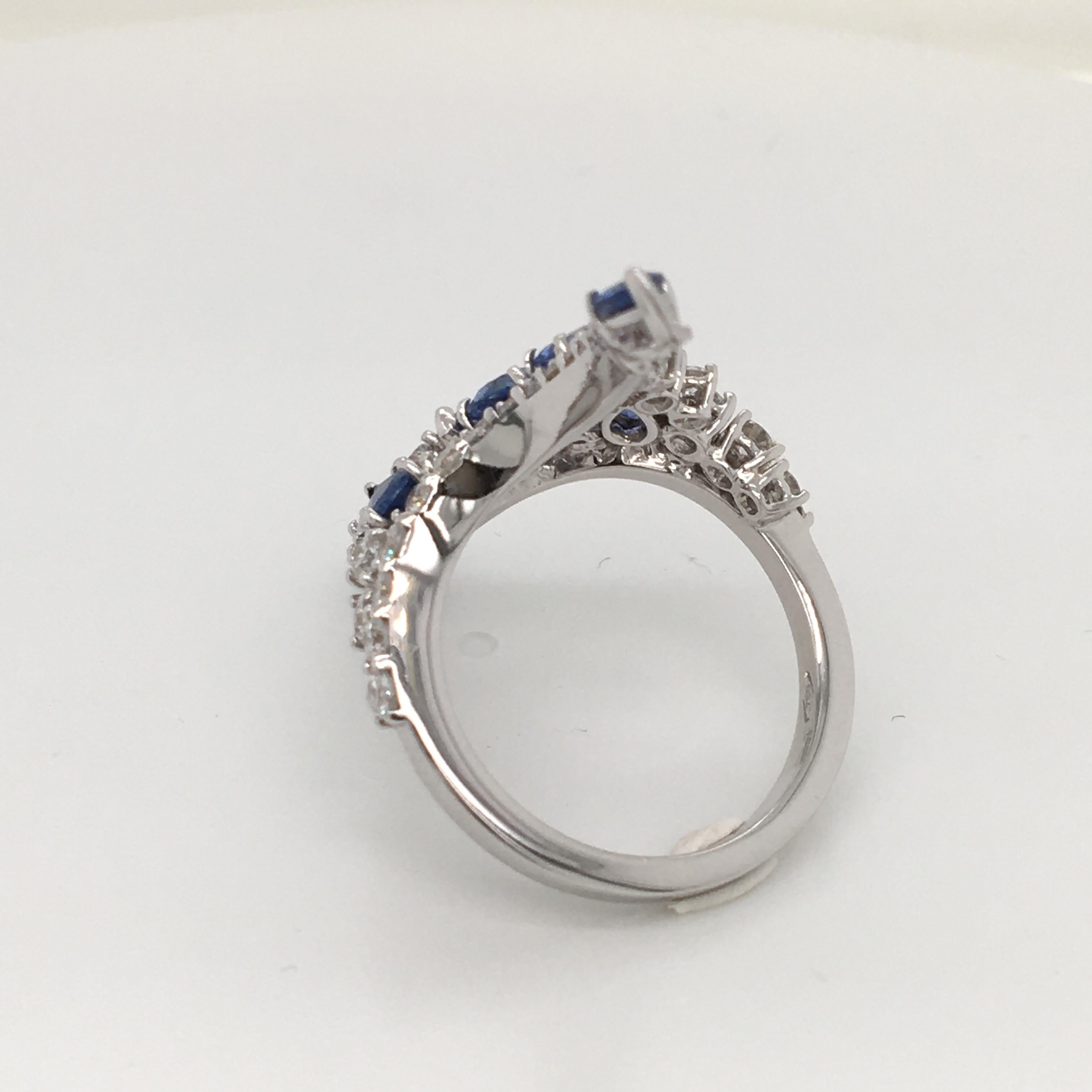 2.07 Carat Blue Sapphire and 1.53 Carat Diamonds Fashion Long White Gold Ring For Sale 2