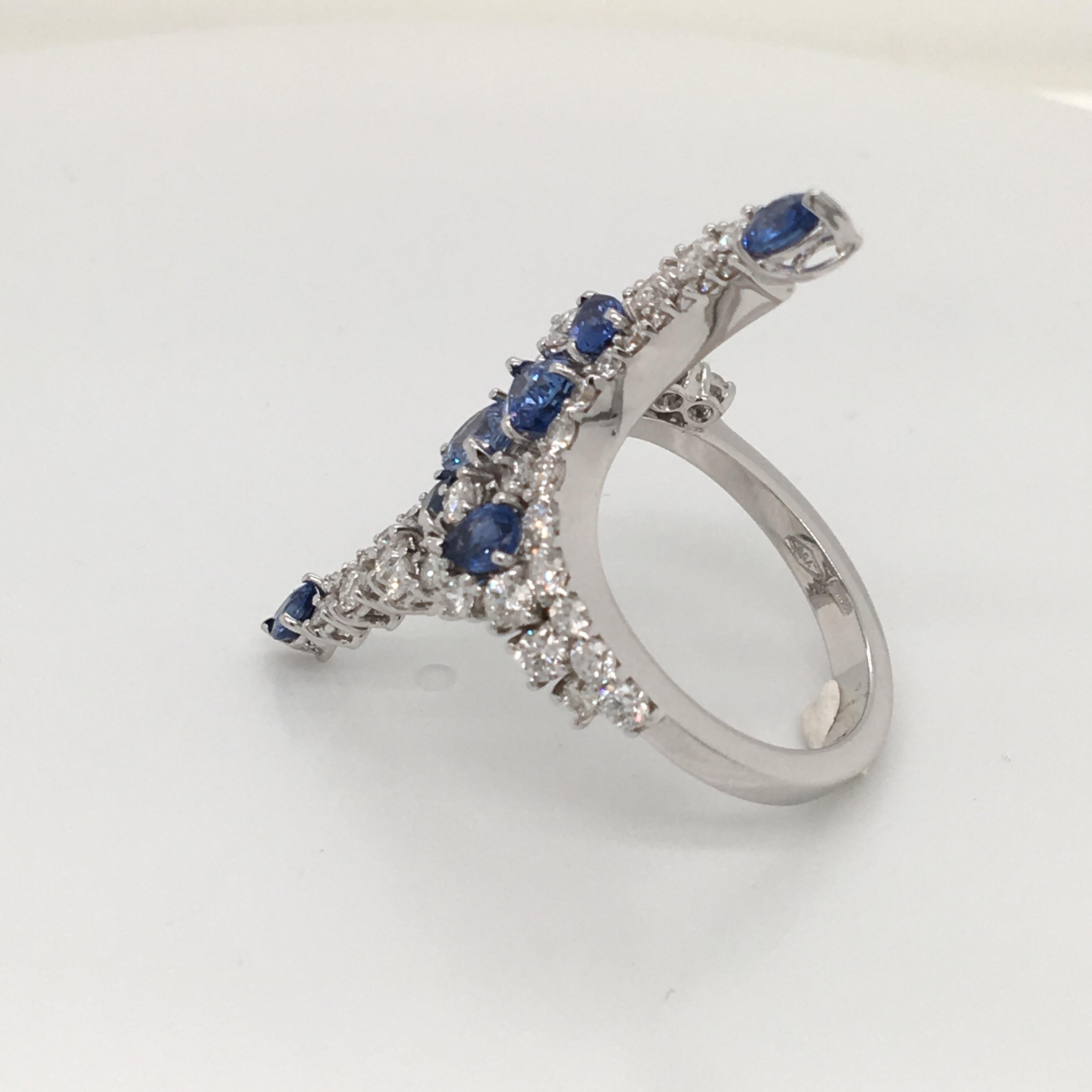 2.07 Carat Blue Sapphire and 1.53 Carat Diamonds Fashion Long White Gold Ring For Sale 3