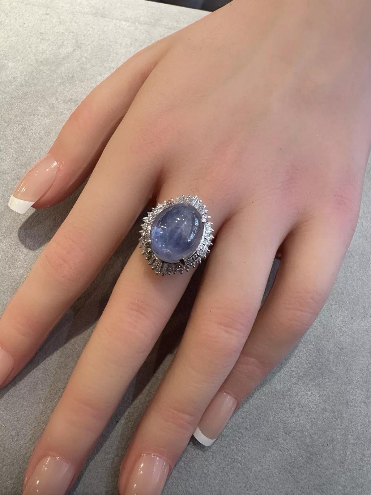 Oval Shaped 20.7 carats Blue Star Sapphire & Diamond Ballerina Ring in Platinum 

A Natural Oval shaped Blue Star Surrounded with Baguettes and Round Brilliant Cut Diamonds, all set in a Platinum Ballerina setting with Filigree details.

Total