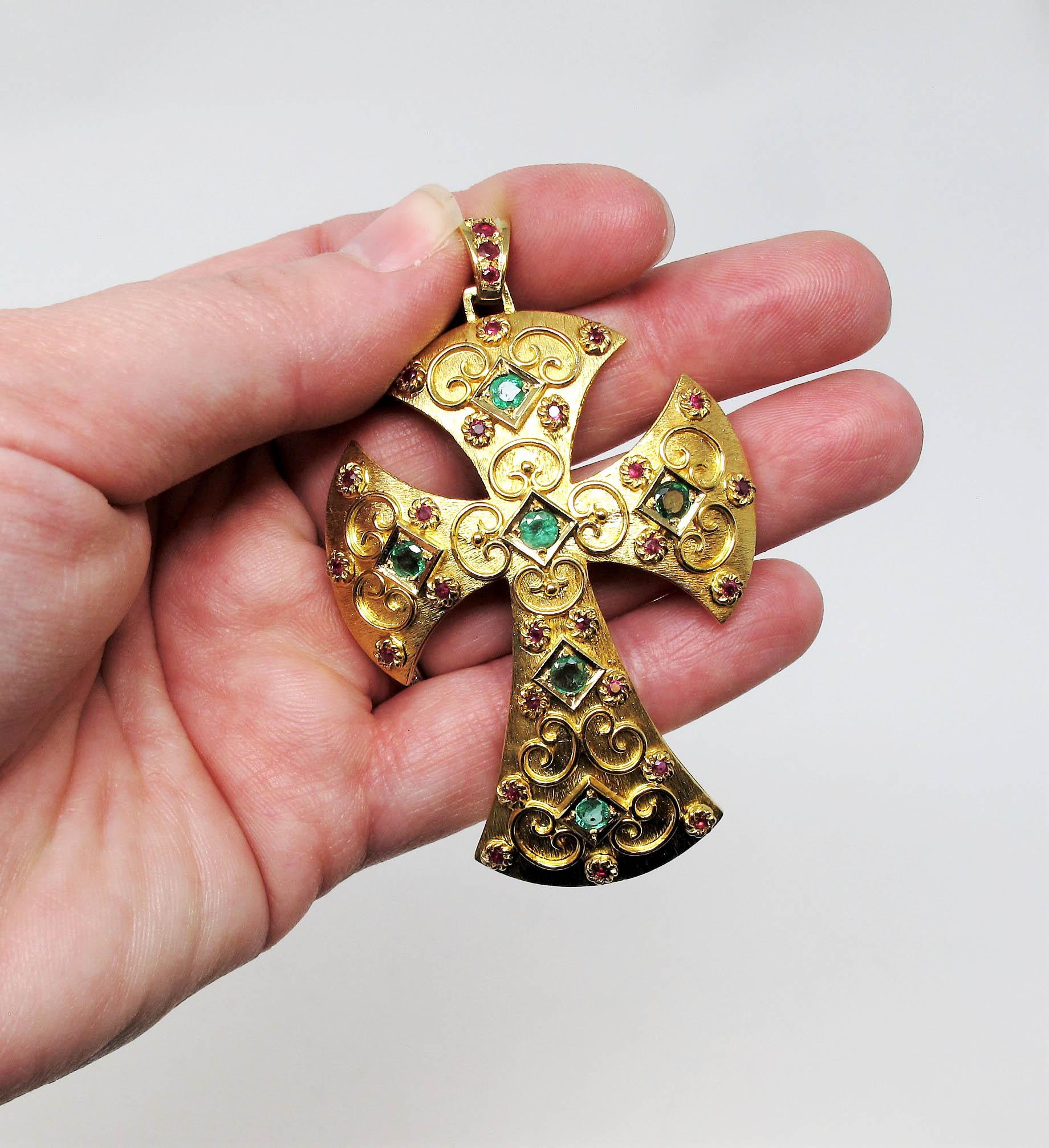 Women's Extra Large Ruby and Emerald Etruscan Style Cross Pendant in 18 Karat Gold For Sale