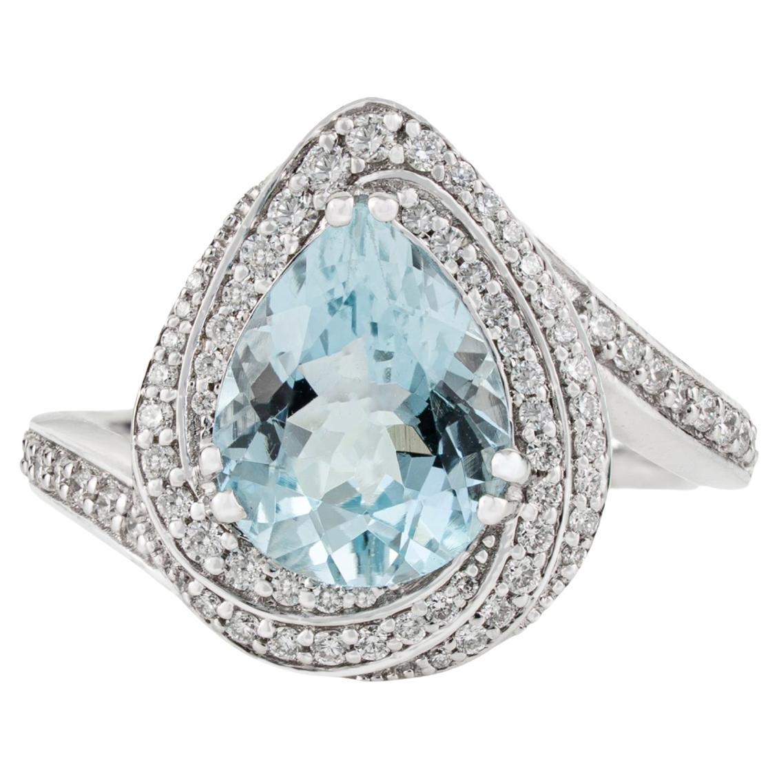 Im Angebot: 2,07 Karat Aquamarin-Birnenschliff-Diamant-Doppelhalo-Cocktailring aus 18 Karat Weißgold ()