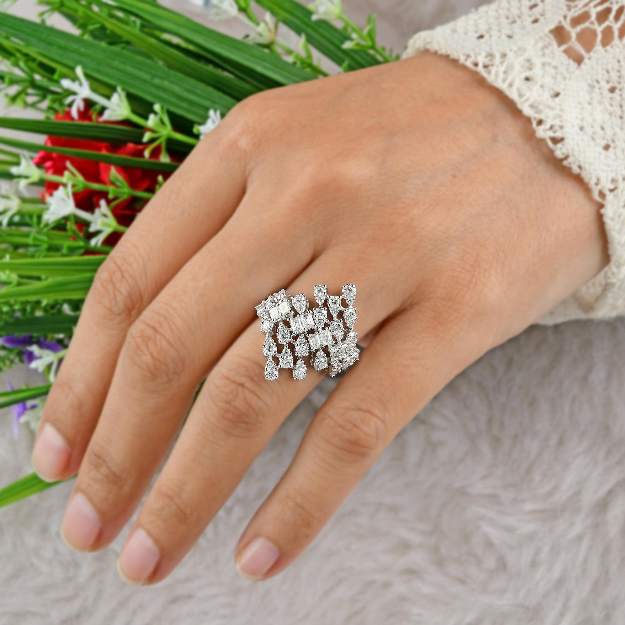 Modern 2.07 Ct Round Emerald Cut Diamond Wrap Ring 18 Karat White Gold Handmade Jewelry For Sale