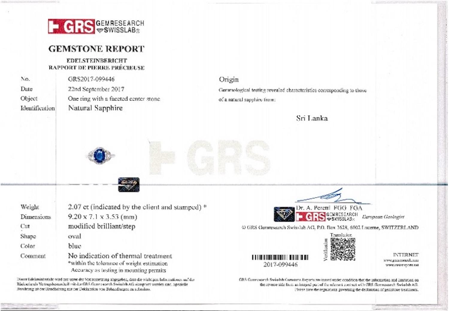2.07 Ct Unheated Blue Sapphire (Ceylon) Oval Engagement Ring - GRS Certified (Ovalschliff) im Angebot