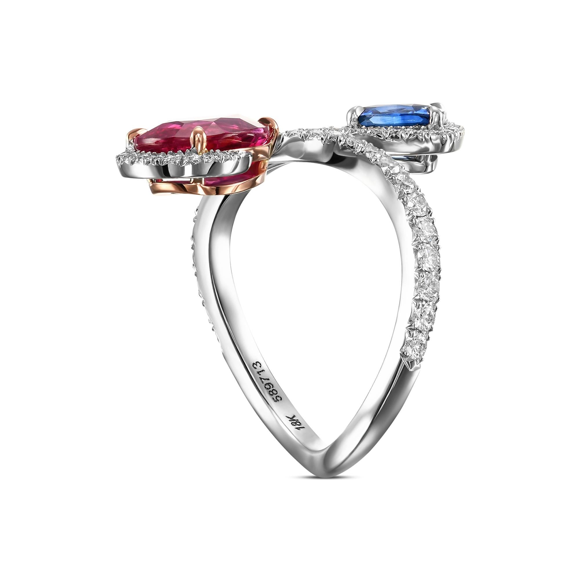 Taille poire 2.07 cts Certified Ruby, Blue Sapphire and Diamond Two-stone Crossover Ring (bague croisée à deux pierres) en vente