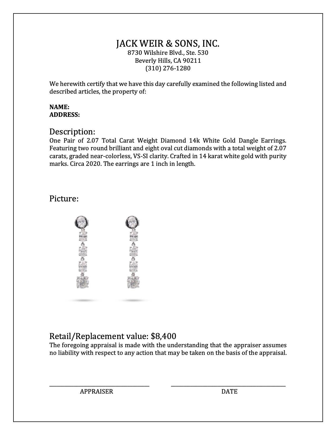 Women's or Men's 2.07 Total Carat Weight Diamond 14k White Gold Dangle Earrings For Sale