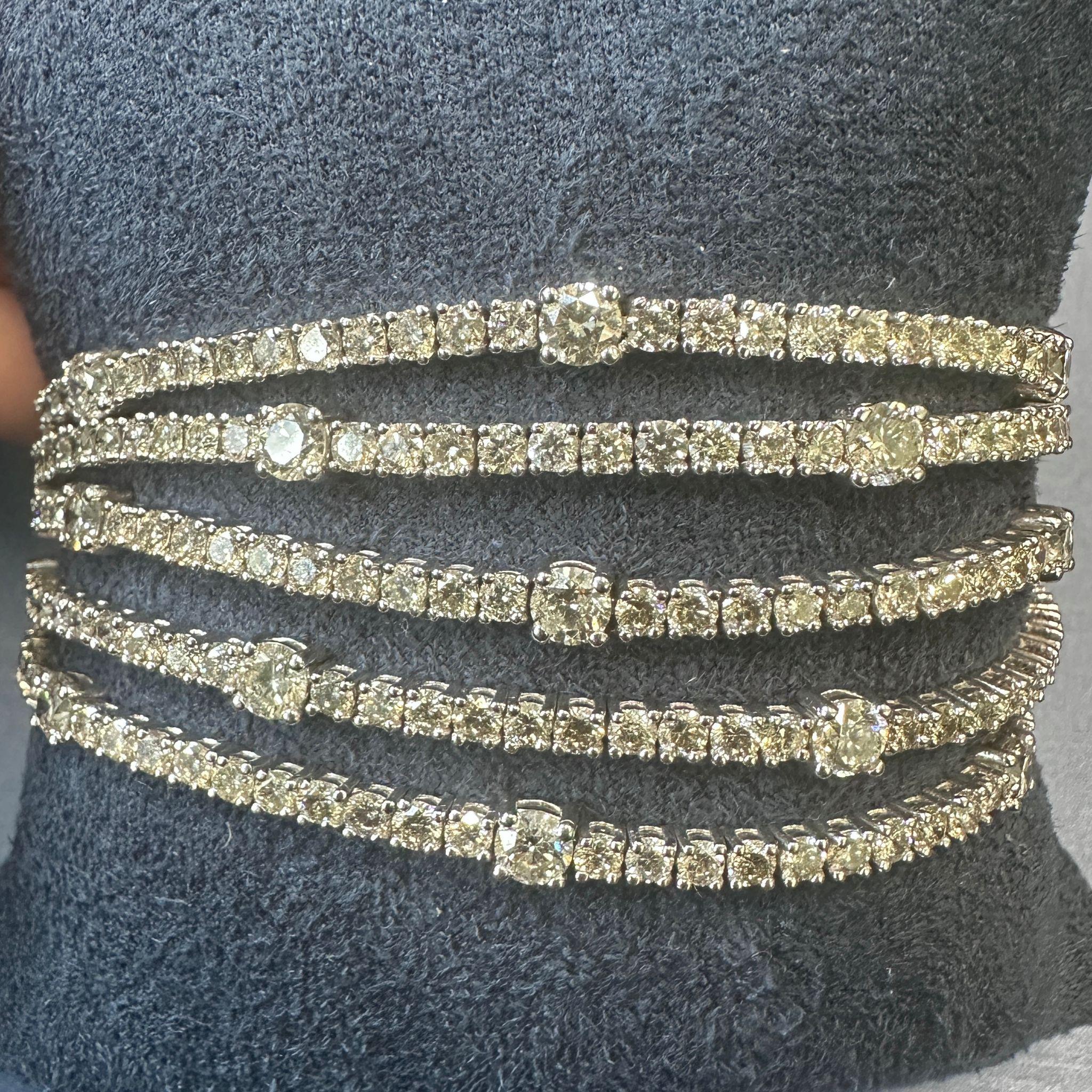 Round Cut 20.70 Carat Five-Row Diamond Tennis Bracelet in 14K White Gold, 7 Inches For Sale