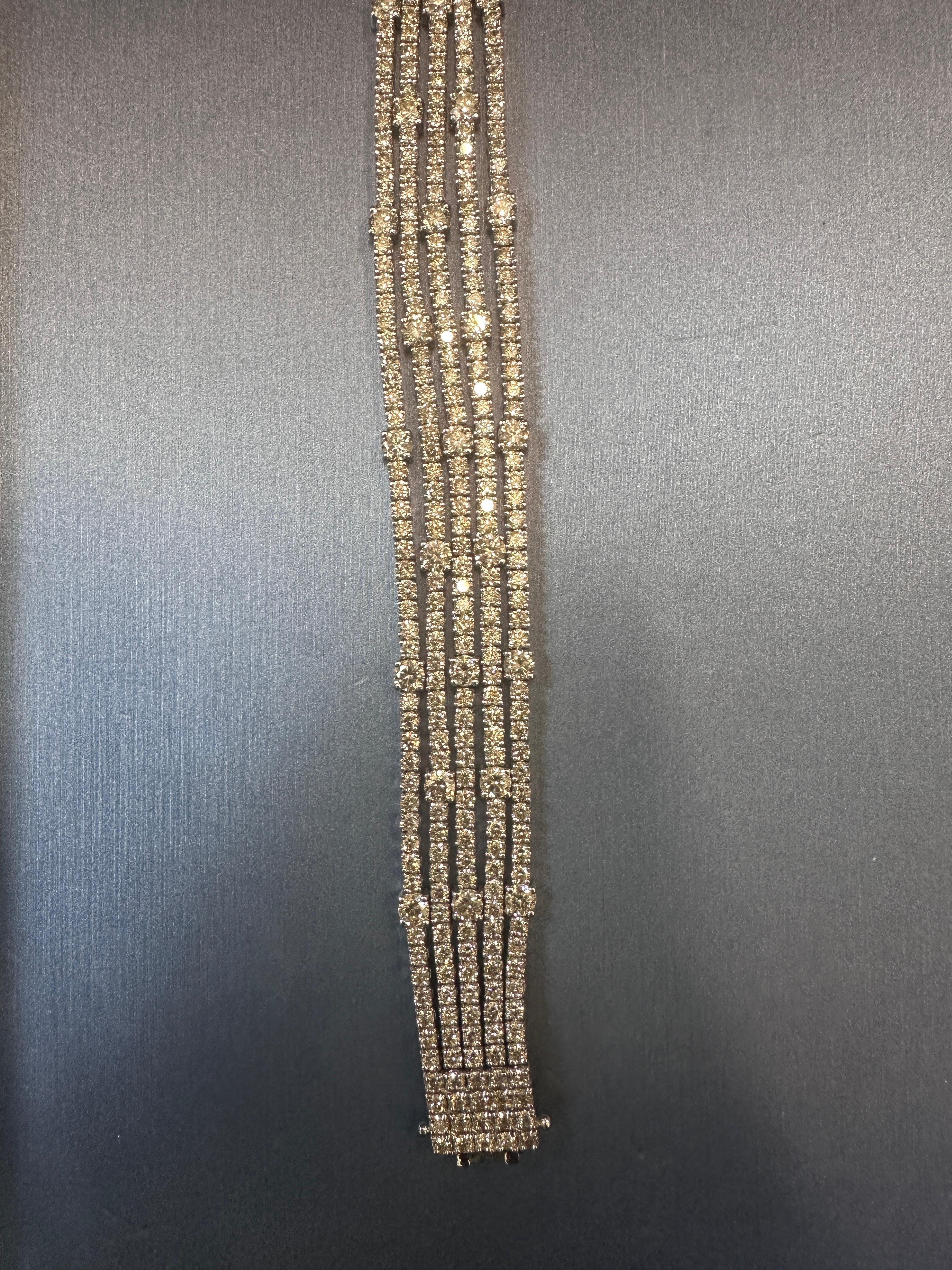 Women's 20.70 Carat Five-Row Diamond Tennis Bracelet in 14K White Gold, 7 Inches For Sale