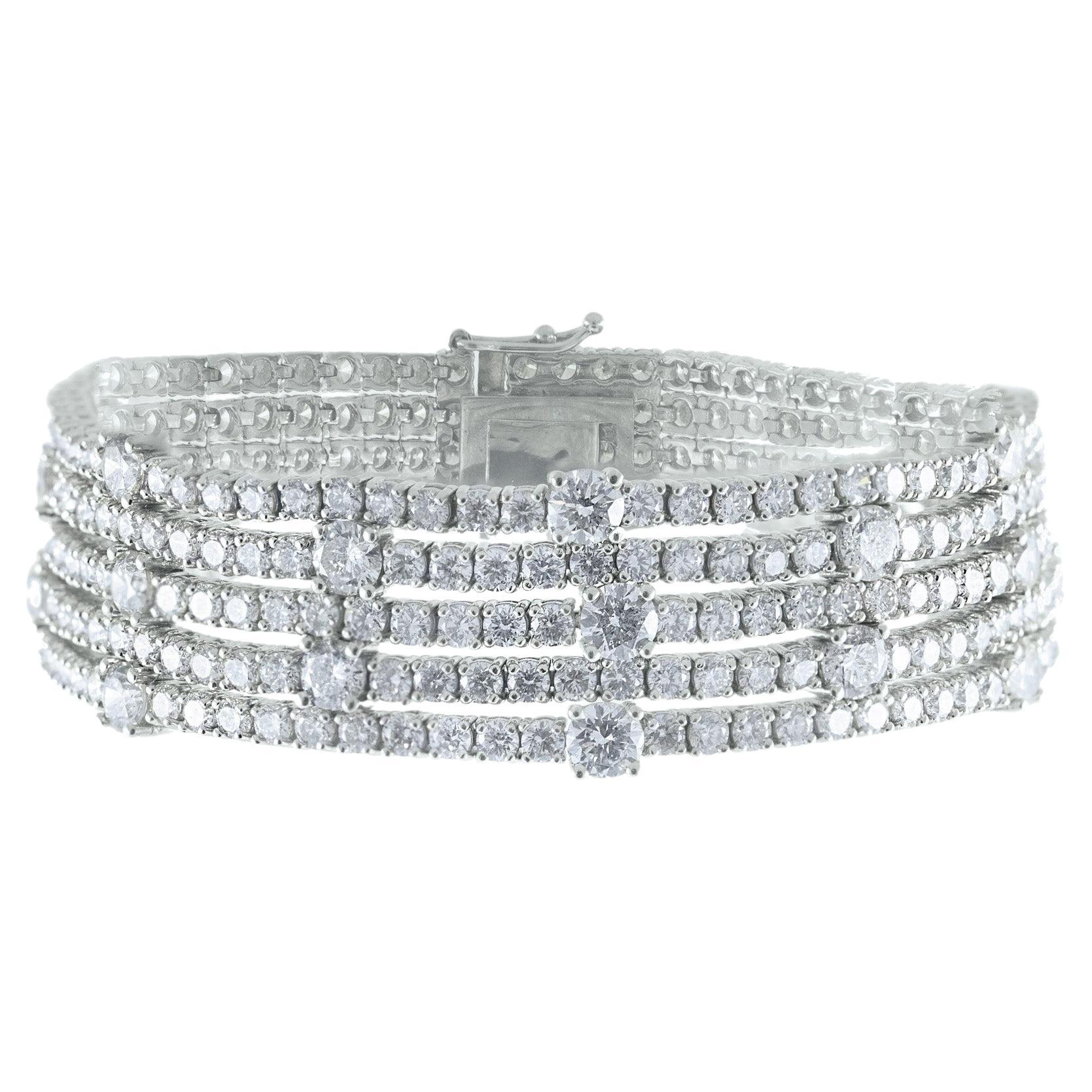 20.70 Carat Five-Row Diamond Tennis Bracelet in 14K White Gold, 7 Inches For Sale