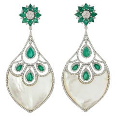 20.70ct Pearl Dangle Earrings With Emerald & Diamonds Made In 18k White Gold