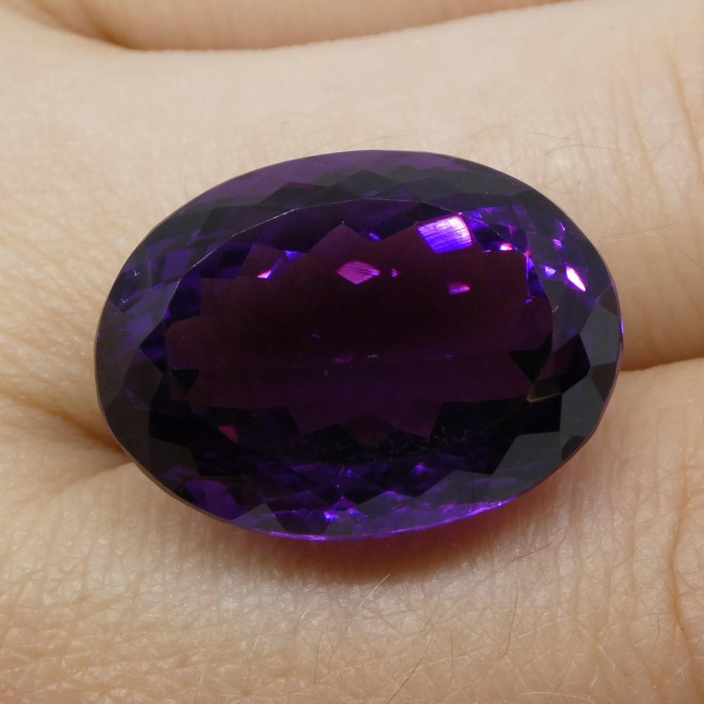 Description:

Gem Type: Amethyst
Number of Stones: 1
Weight: 20.72 cts
Measurements: 19.60x14.35x11.10 mm
Shape: Oval
Cutting Style Crown: Modified Brilliant
Cutting Style Pavilion: Modified Brilliant
Transparency: Transparent
Clarity: Very Slightly