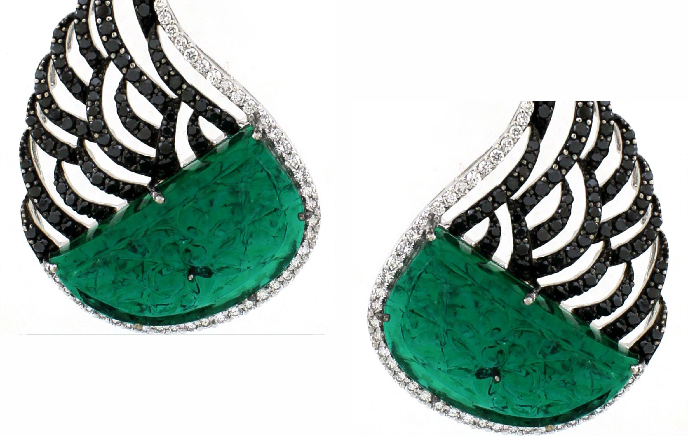 Sugarloaf Cabochon 20.73 carats of Emerald Feather Inspired Earrings For Sale
