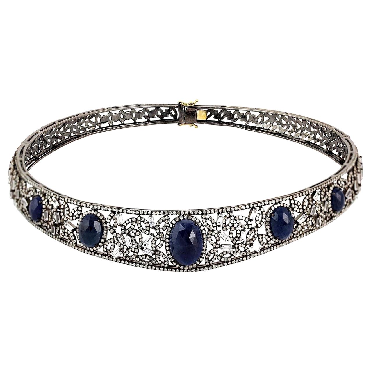 20.75 Carat Blue Sapphire Diamond Choker Necklace For Sale