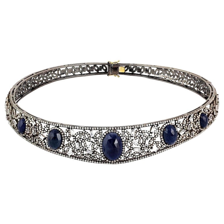 36 Carat Oval Cut Blue Sapphire & Diamond Choker Necklace in 18K