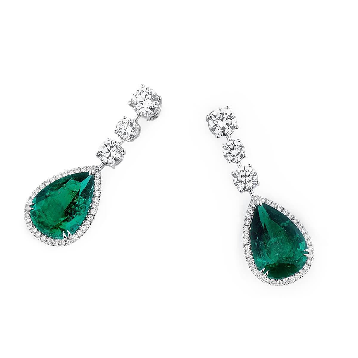 These contemporary earrings host a total of 20.75 Carat Natural unheated vivid Green Emerald and additional natural white diamonds, making up a total of 25.93 Carats. 

According to ancient myths, emeralds were thought to guard against memory loss