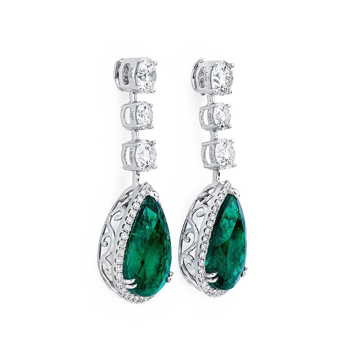 Women's or Men's 20.75 Carat Natural Unheated Vivid Green Emerald Diamond 18 Karat Gold Earrings