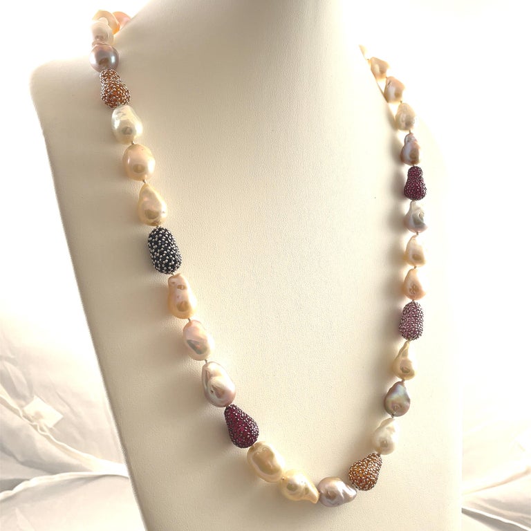 Contemporary 20.75ct Ruby & Multi Color Sapphire with Fresh Water Pearl Necklace 18k For Sale