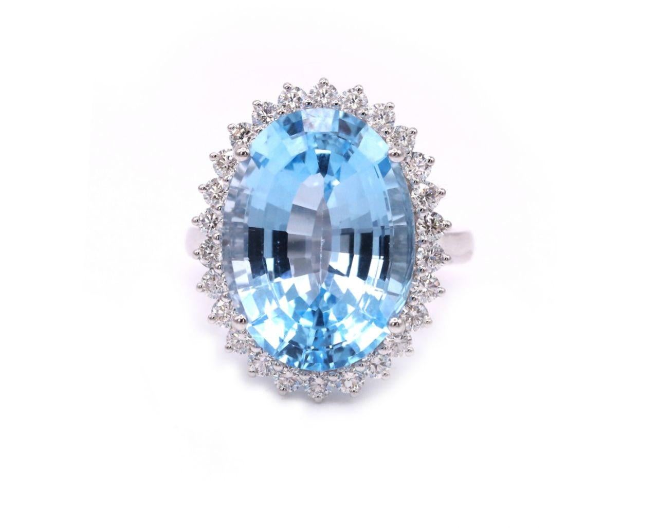 Women's or Men's 20.78 Carat Blue Topaz Diamond 18K White Gold Cocktail Ring For Sale