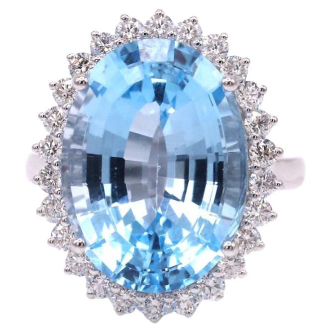 20.78 Carat Blue Topaz Diamond 18K White Gold Cocktail Ring For Sale