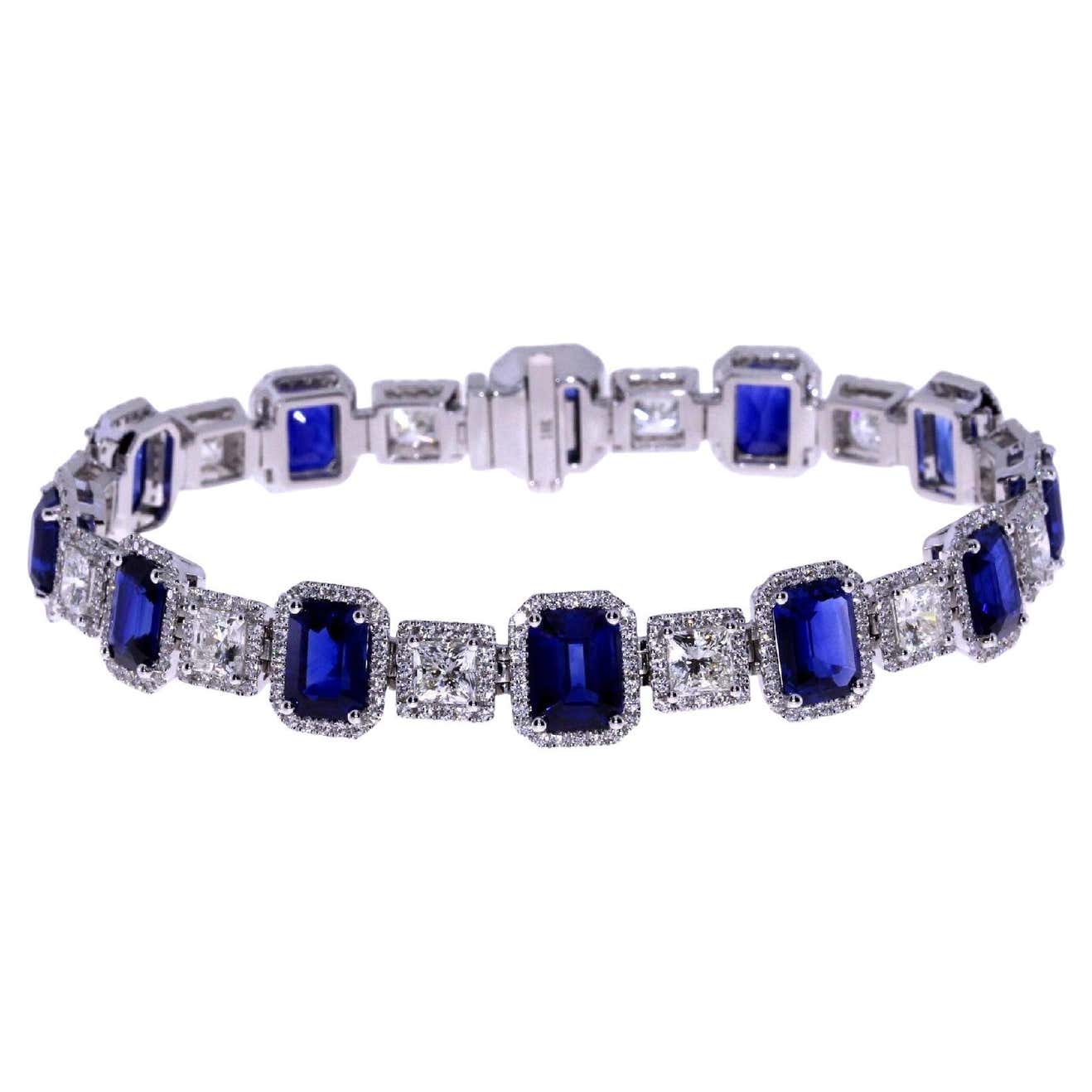 20.79ct Ceylon Blue Sapphire and Princess Cut Diamond Bracelet For Sale ...