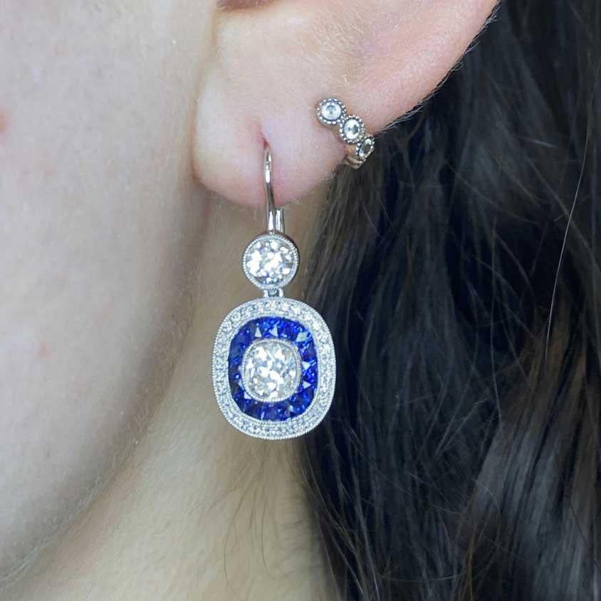 2.07ct Antique Cushion Cut Diamond Earrings, Diamond & Sapphire Halo, Platinum In Excellent Condition In New York, NY