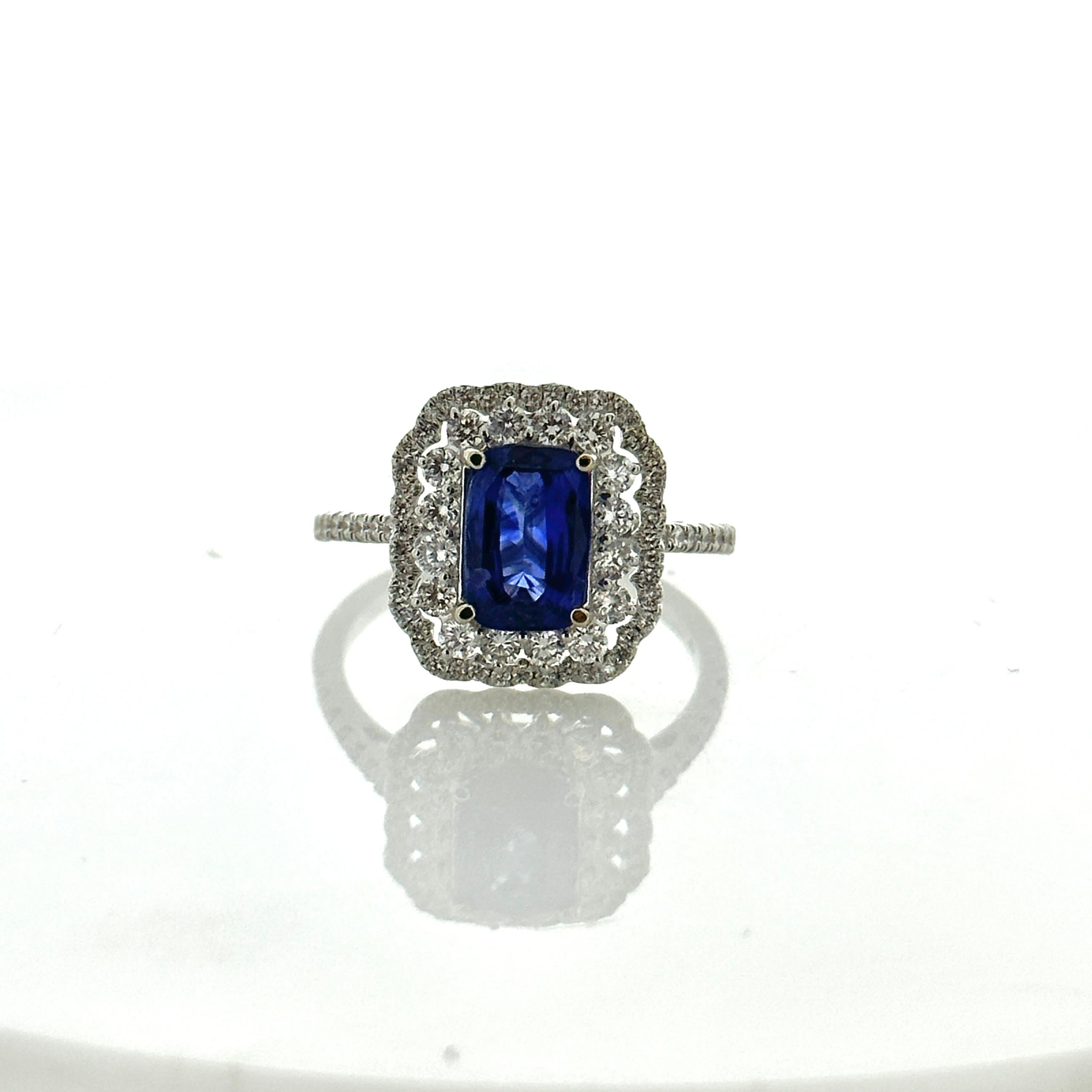2.07CT Blue Sapphire and 0.73CTW Diamond Ring in 18K White Gold In New Condition For Sale In Chicago, IL