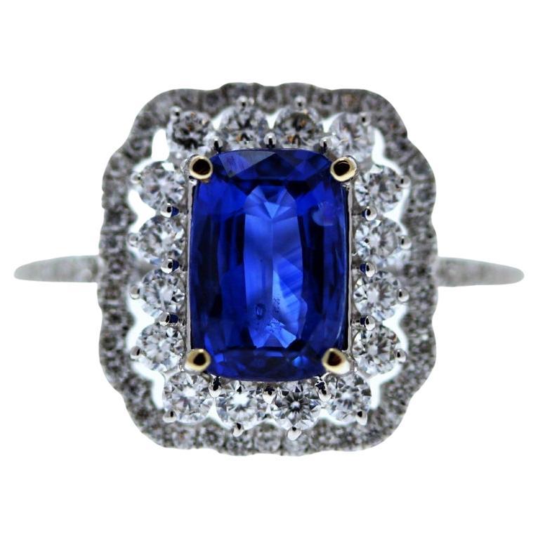 2.07CT Blue Sapphire and 0.73CTW Diamond Ring in 18K White Gold For Sale