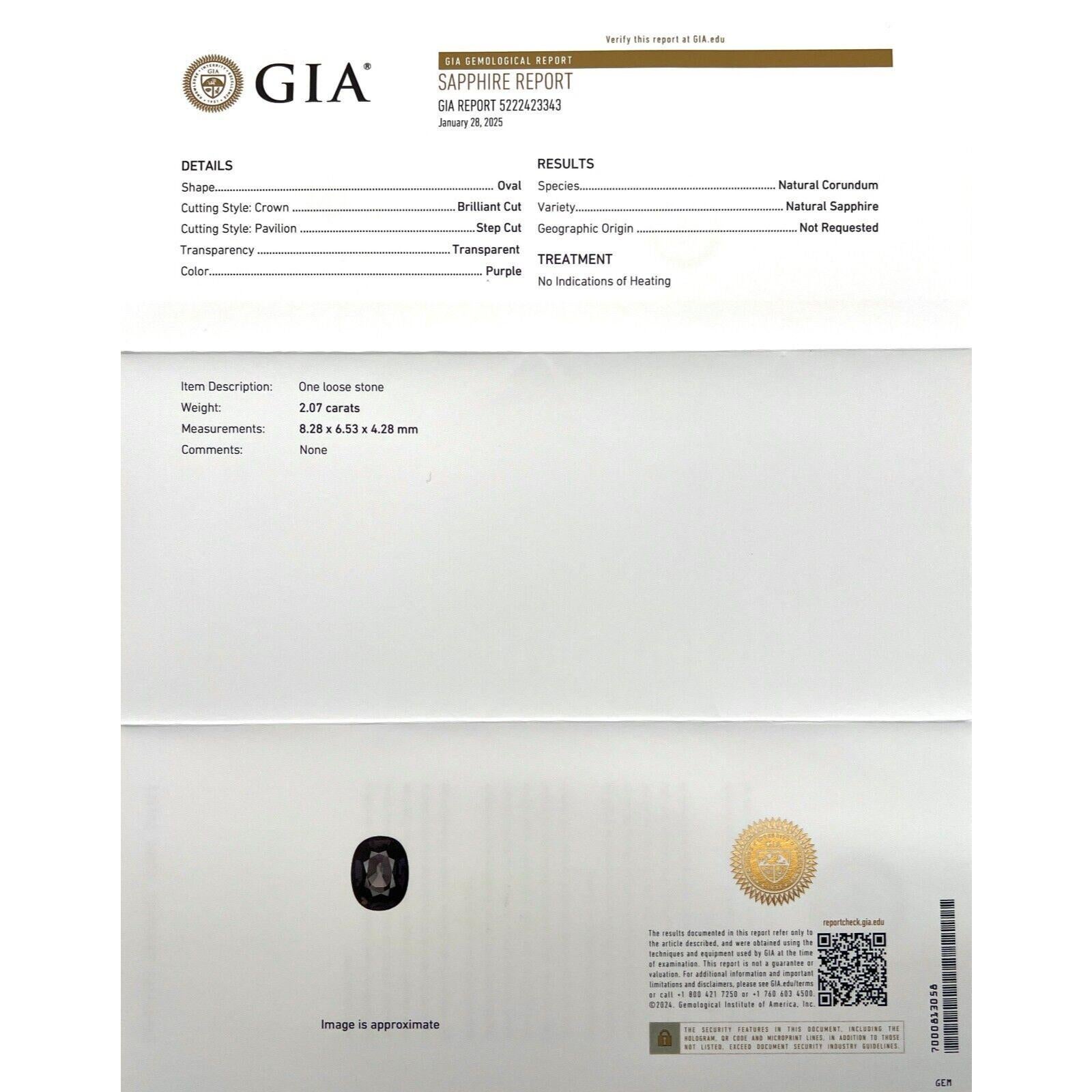 2,07ct GIA Certificato Zaffiro viola non trattato Gemma naturale taglio ovale 8,2x6,5mm

Zaffiro viola taglio ovale non trattato certificato GIA.
Zaffiro naturale da 2,07 carati di colore viola. Completamente certificato da GIA come non trattato e