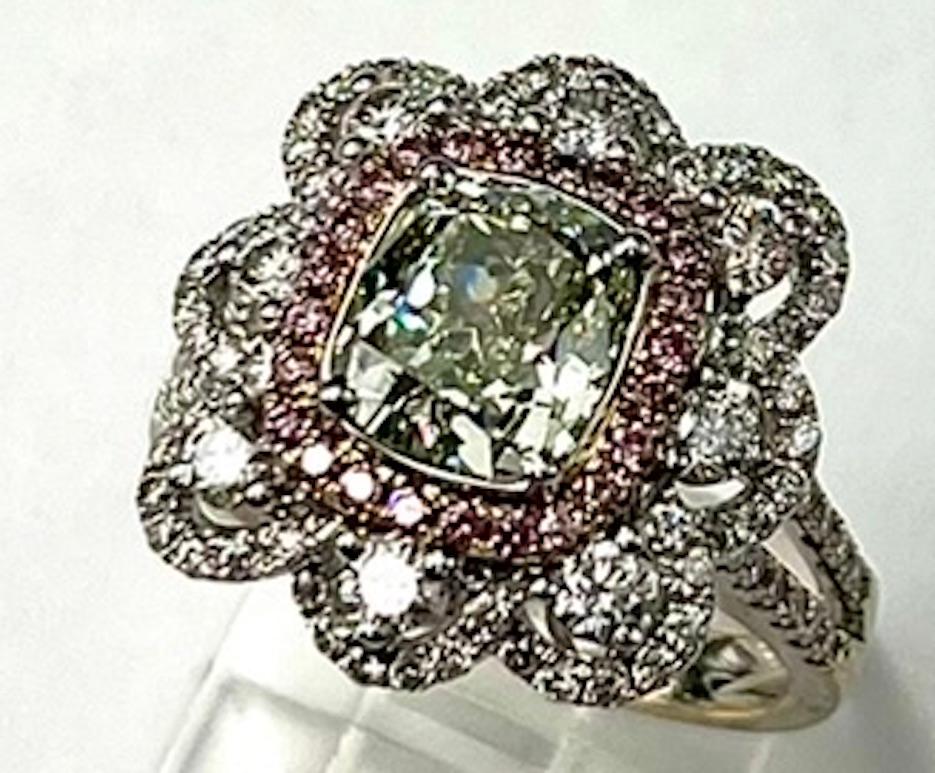 2.07Ct GIA Cushion Diamond, Natural Fancy Light Grayish Greenish Yellow Ring In New Condition For Sale In San Diego, CA