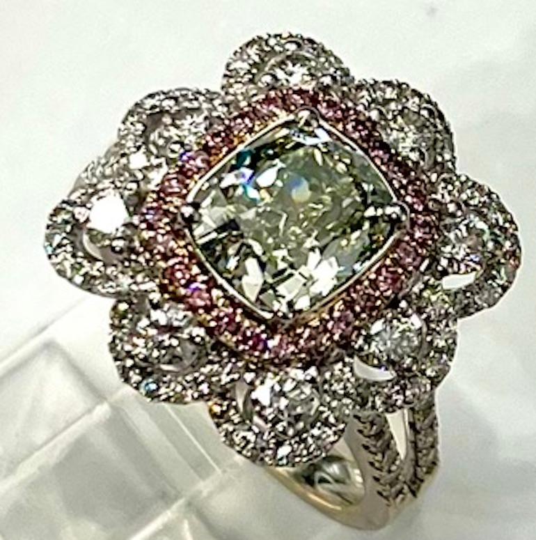 Women's or Men's 2.07Ct GIA Cushion Diamond, Natural Fancy Light Grayish Greenish Yellow Ring For Sale