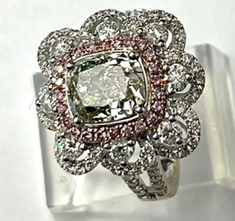 2.07Ct GIA Cushion Diamond, Natural Fancy Light Grayish Greenish Yellow Ring For Sale 1