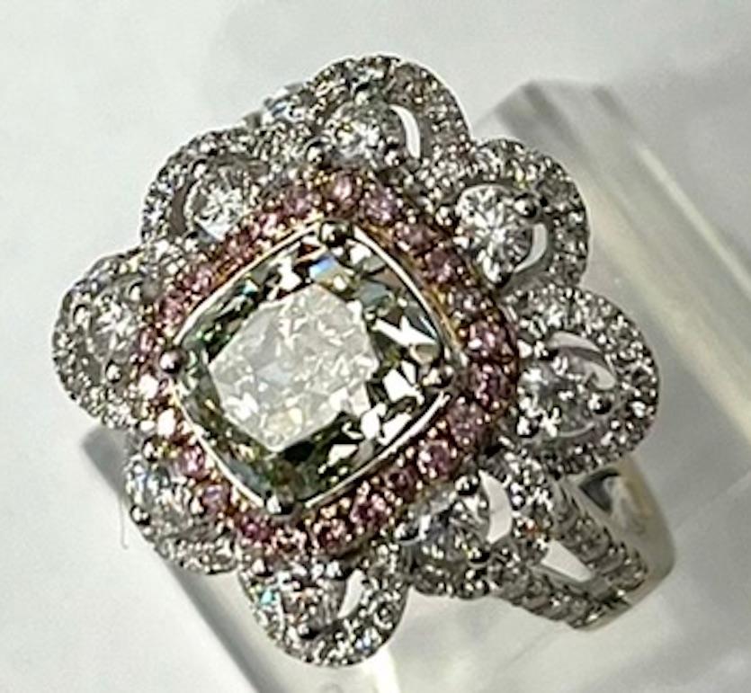 2.07Ct GIA Cushion Diamond, Natural Fancy Light Grayish Greenish Yellow Ring For Sale 2