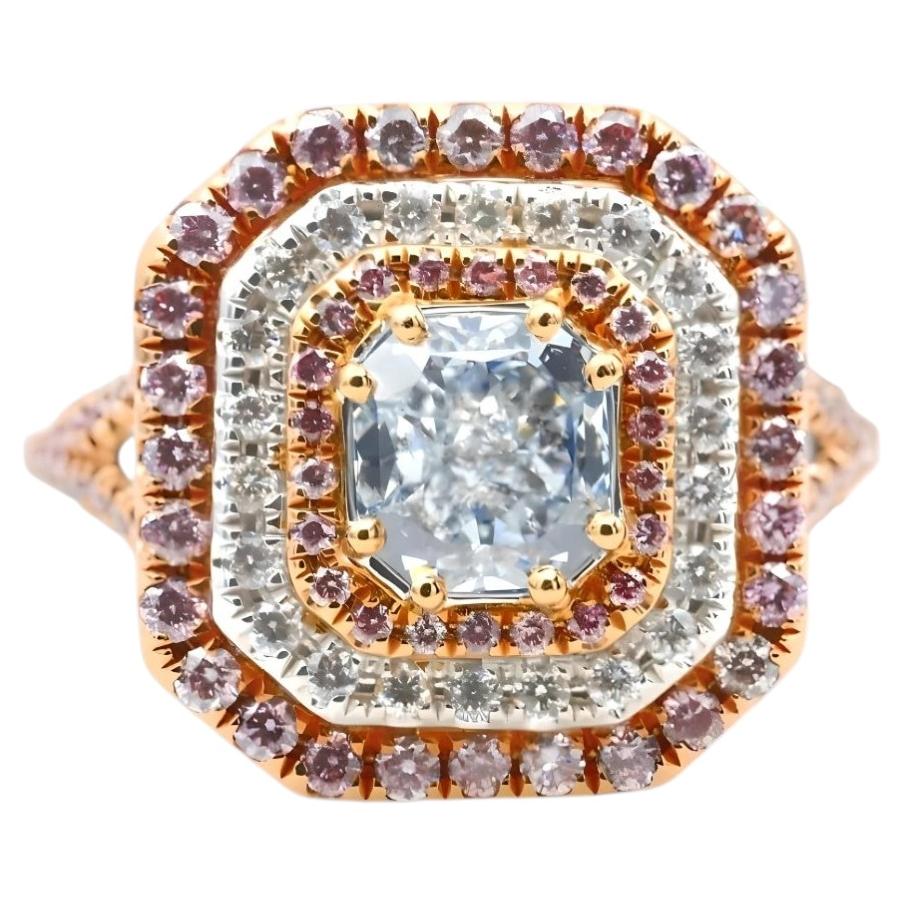 Anillo de compromiso con diamantes naturales de color azul claro y rosa «Fancy», 2,07 ct, certificado por el GIA, en oro de 18 quilates en venta