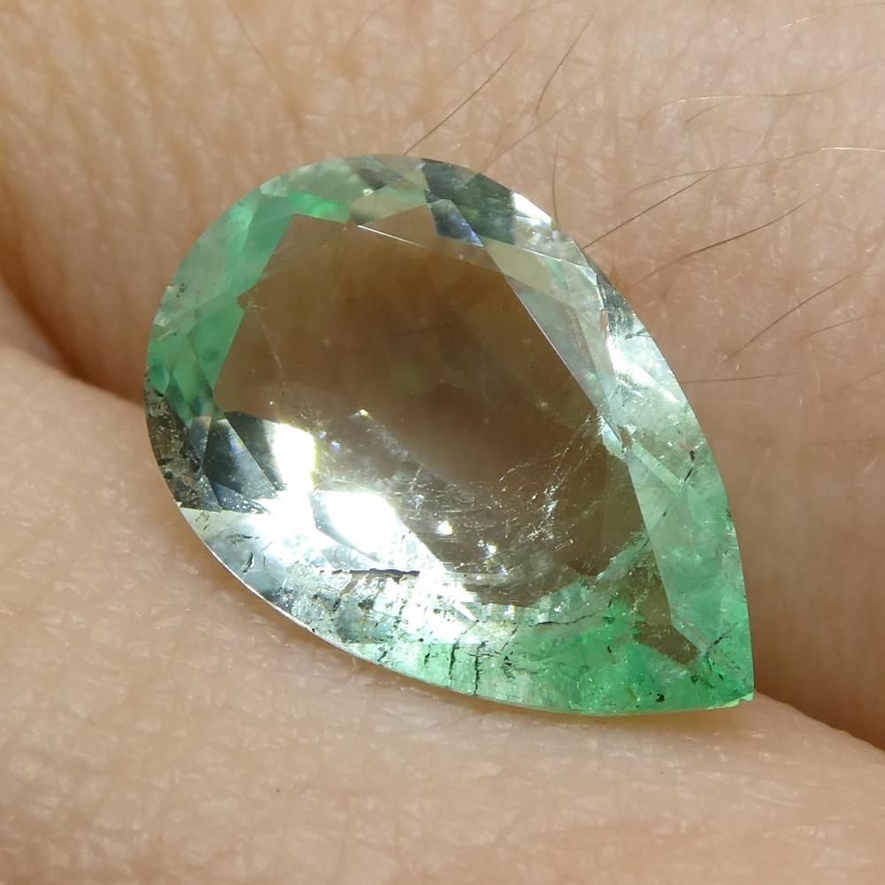 Description:

Gem Type: Emerald 
Number of Stones: 1
Weight: 2.07 cts
Measurements: 11.85 x 7.83 x 4.07 mm
Shape: Pear
Cutting Style Crown: Brilliant Cut
Cutting Style Pavilion: Modified Brilliant Cut 
Transparency: Transparent
Clarity: Slightly