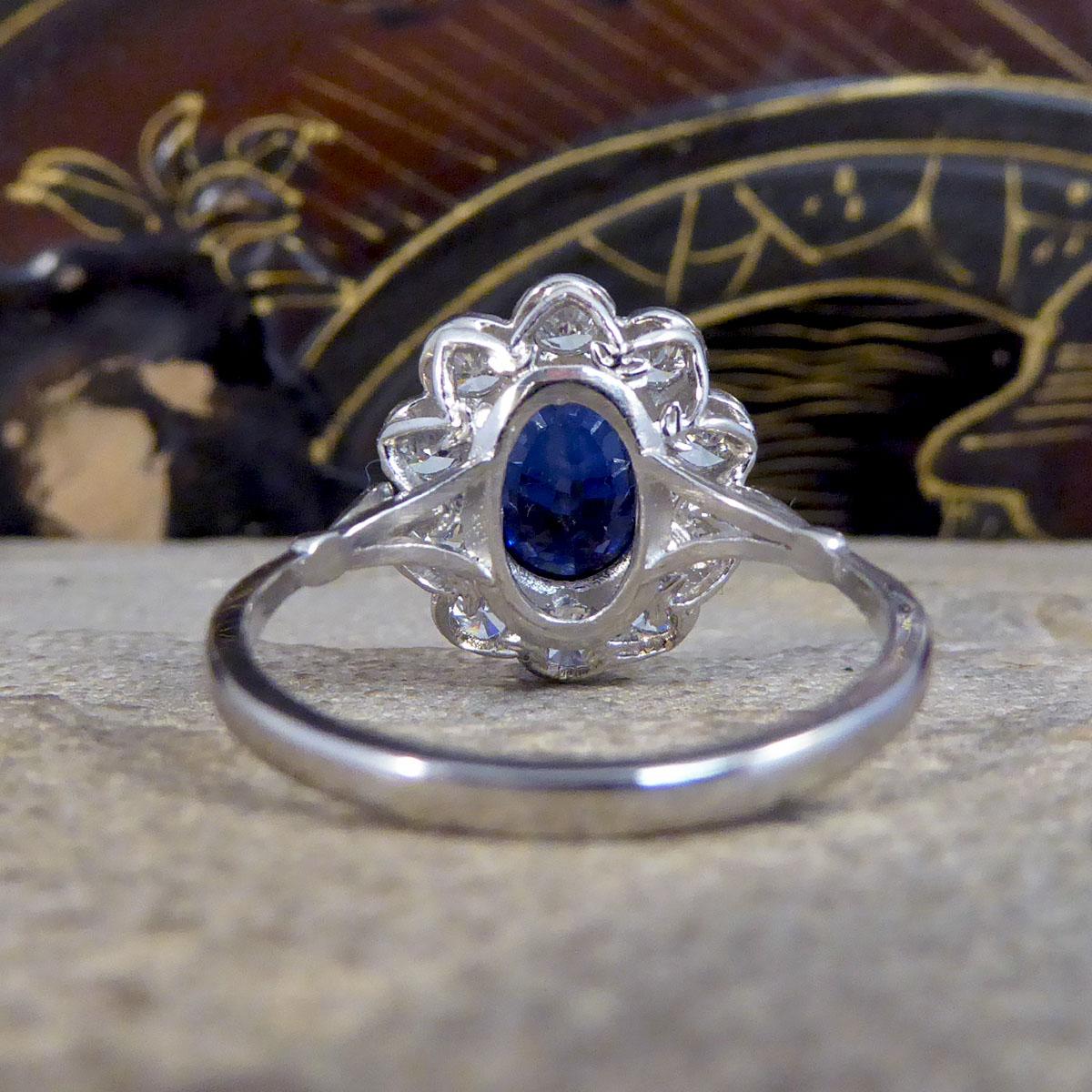 Oval Cut 2.07ct Sapphire and 0.95ct Total Diamond Cluster Ring in Platinum