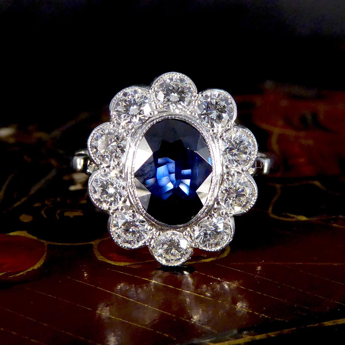 2.07ct Sapphire and 0.95ct Total Diamond Cluster Ring in Platinum 2