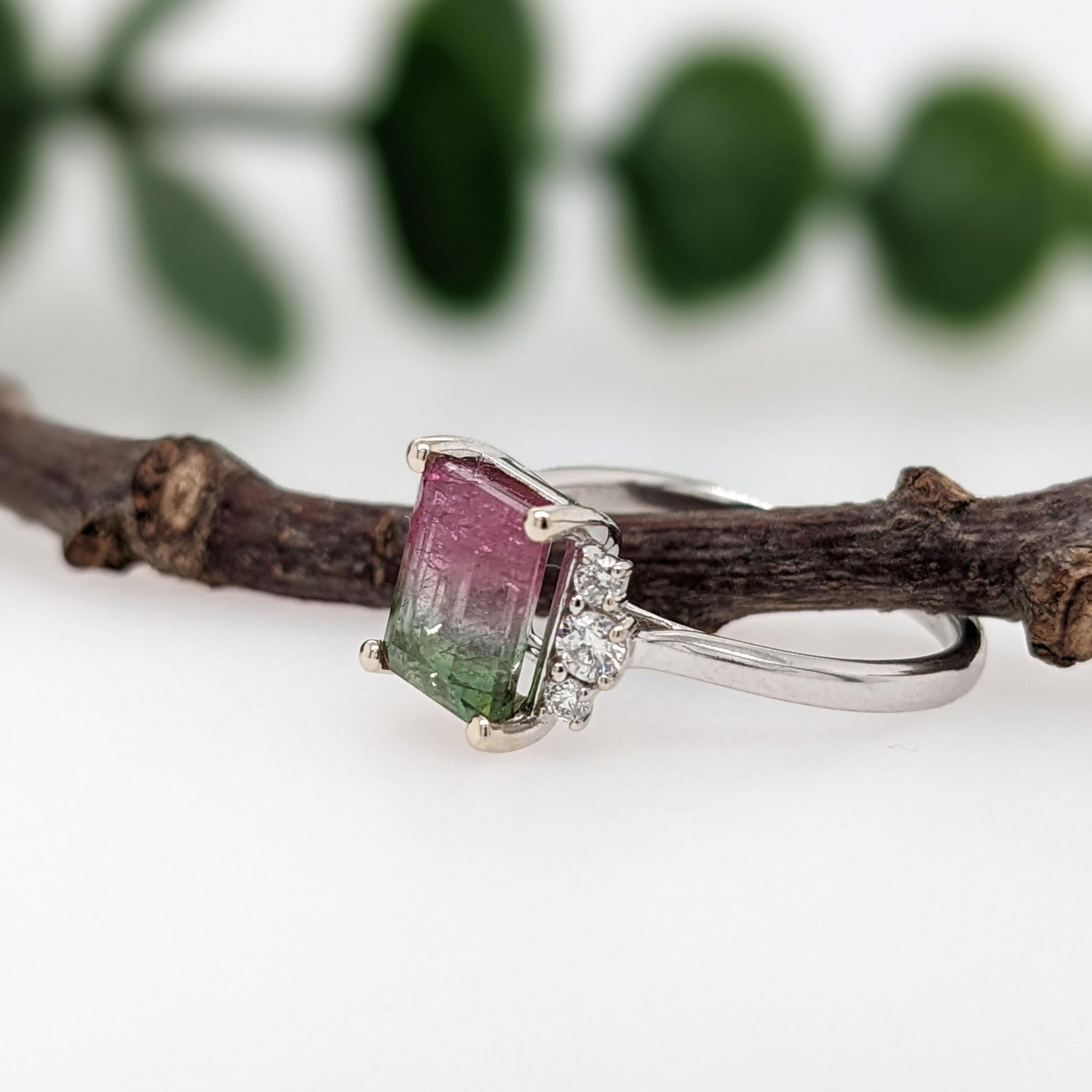 Emerald Cut 2ct Tourmaline Ring w Earth Mined Diamonds in Solid 14K White Gold EM 8x6mm For Sale