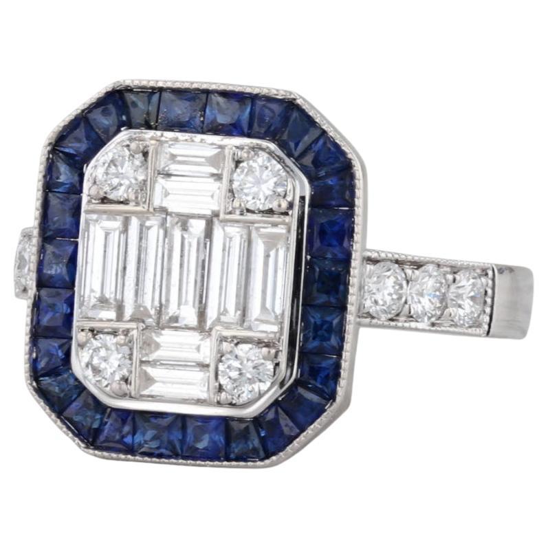 2.07ctw Diamond Blue Sapphire Halo Engagement Ring 18k White Gold Size 7 For Sale