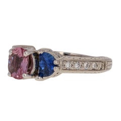 2.07 Carat Round Cut Sapphire and Diamond Ring, 18 Karat Gold Etched Pink & Blue