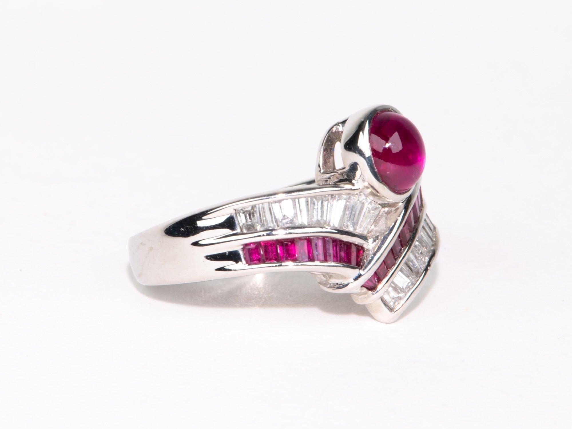 ♥ 2.07ctw Ruby Cabochon and 0.63ctw Diamond Unique Chevron Stacking Band Ring Platinum PT900 9g+ V1154
♥ The item measures 15.4 mm in length (North South direction), 20.4 mm in width (East West direction), and stands 6.8mm tall from the finger. Band
