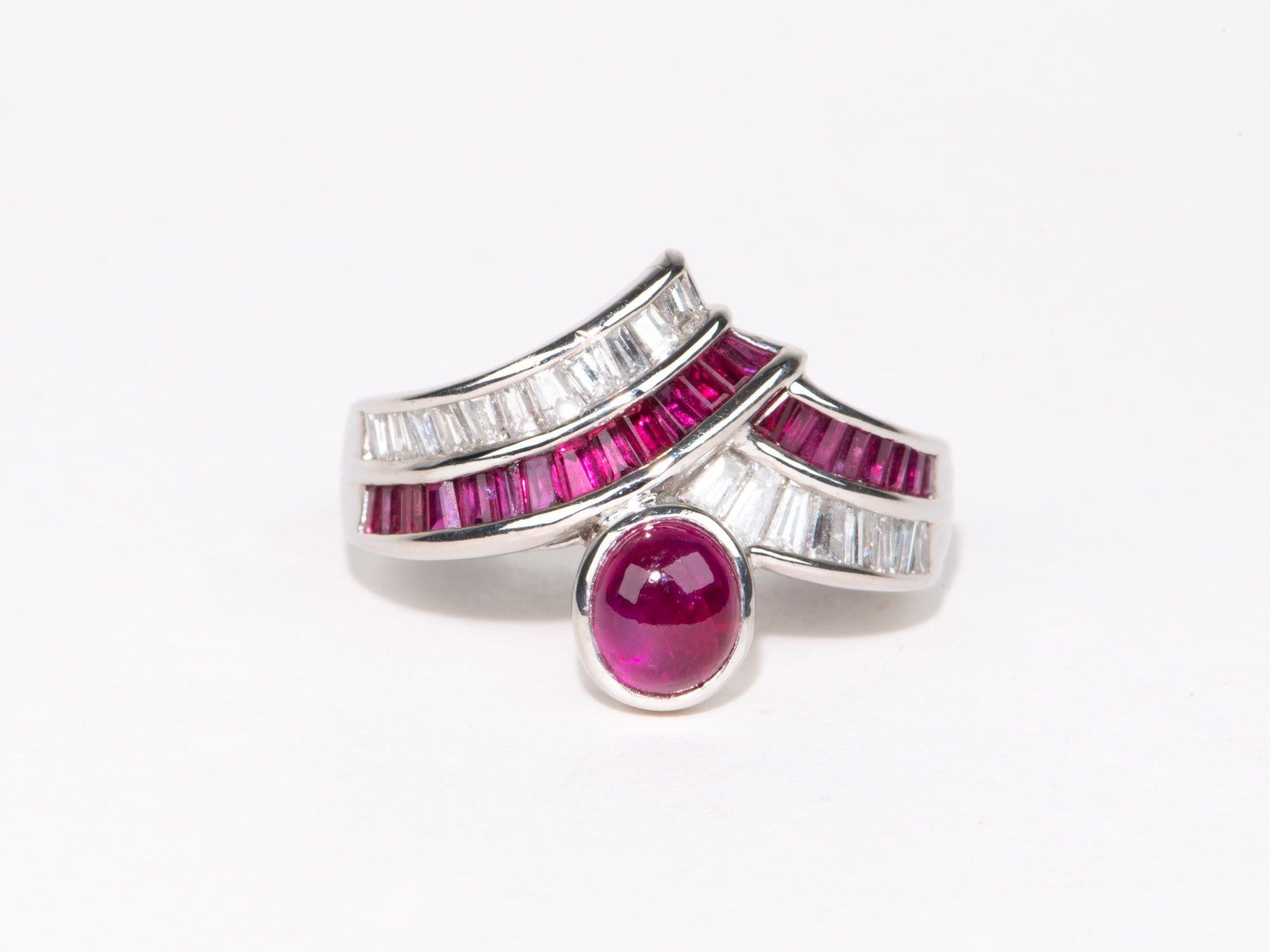Uncut 2.07ctw Ruby Cabochon and 0.63ctw Diamond Unique Chevron Stacking Band Ring For Sale