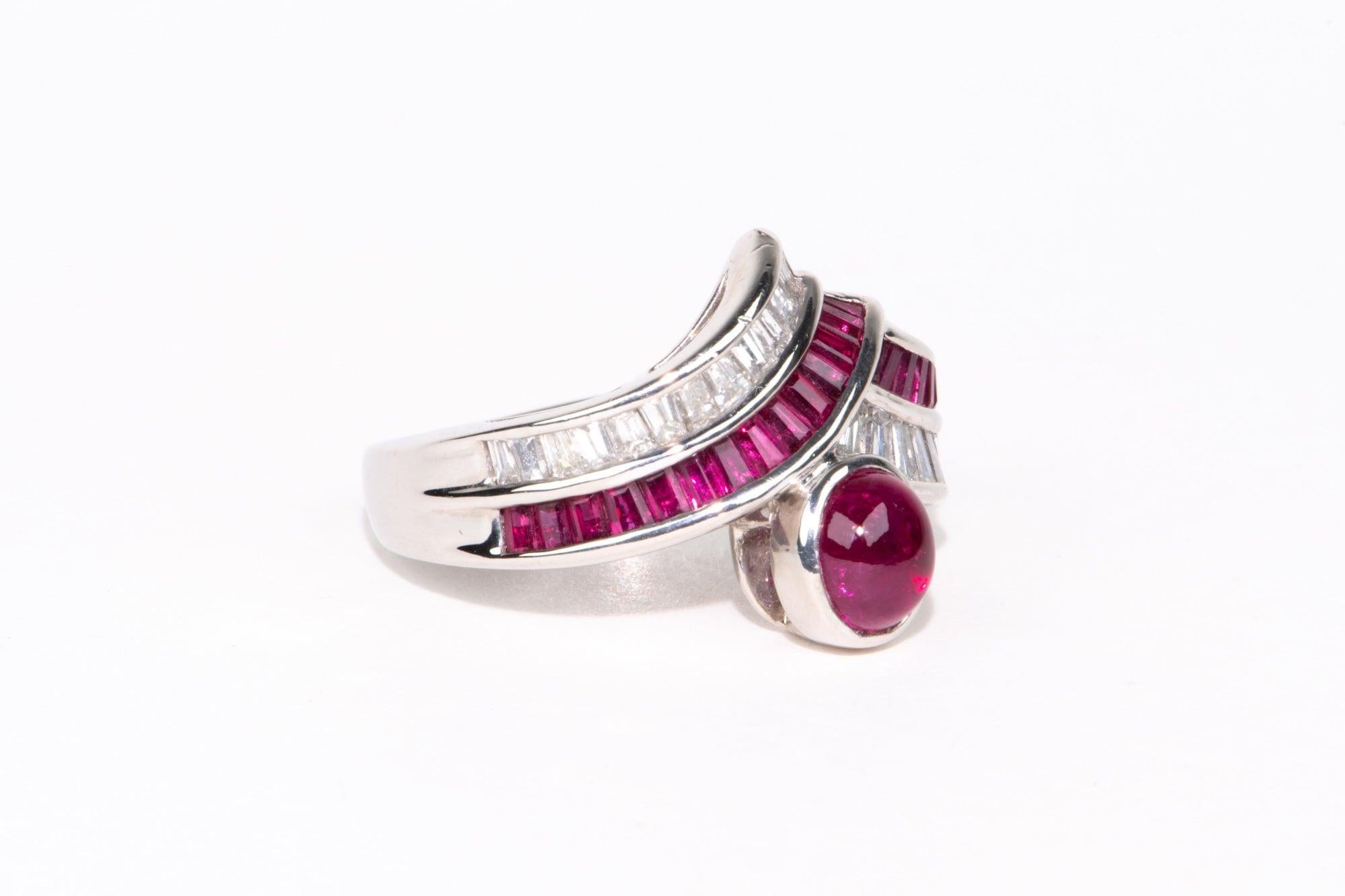 2.07ctw Ruby Cabochon and 0.63ctw Diamond Unique Chevron Stacking Band Ring In Good Condition For Sale In Osprey, FL