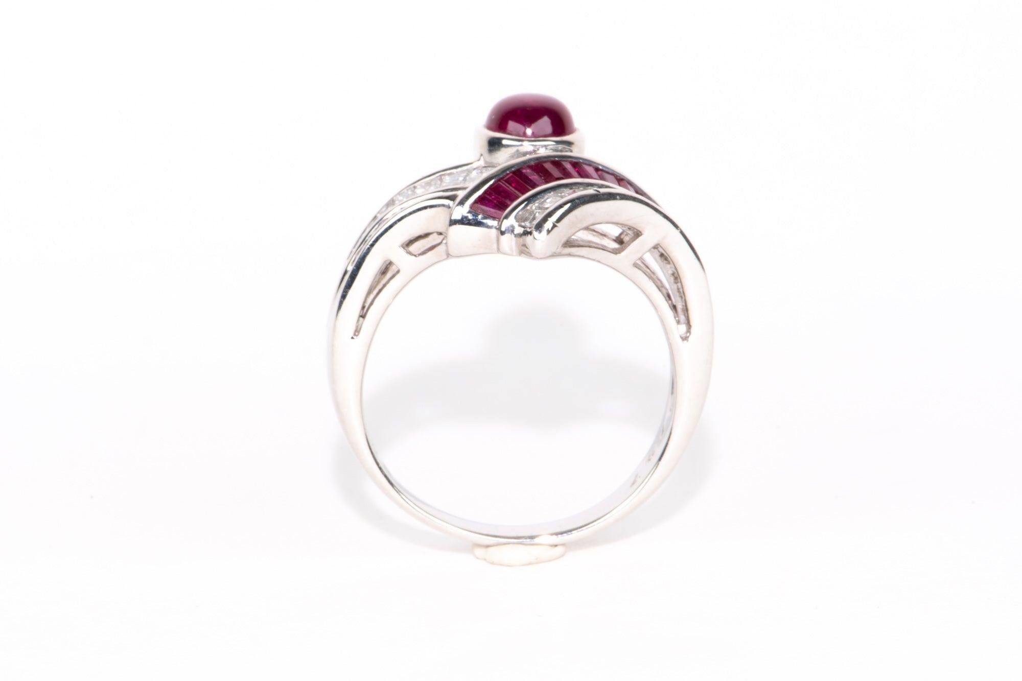 Women's or Men's 2.07ctw Ruby Cabochon and 0.63ctw Diamond Unique Chevron Stacking Band Ring For Sale
