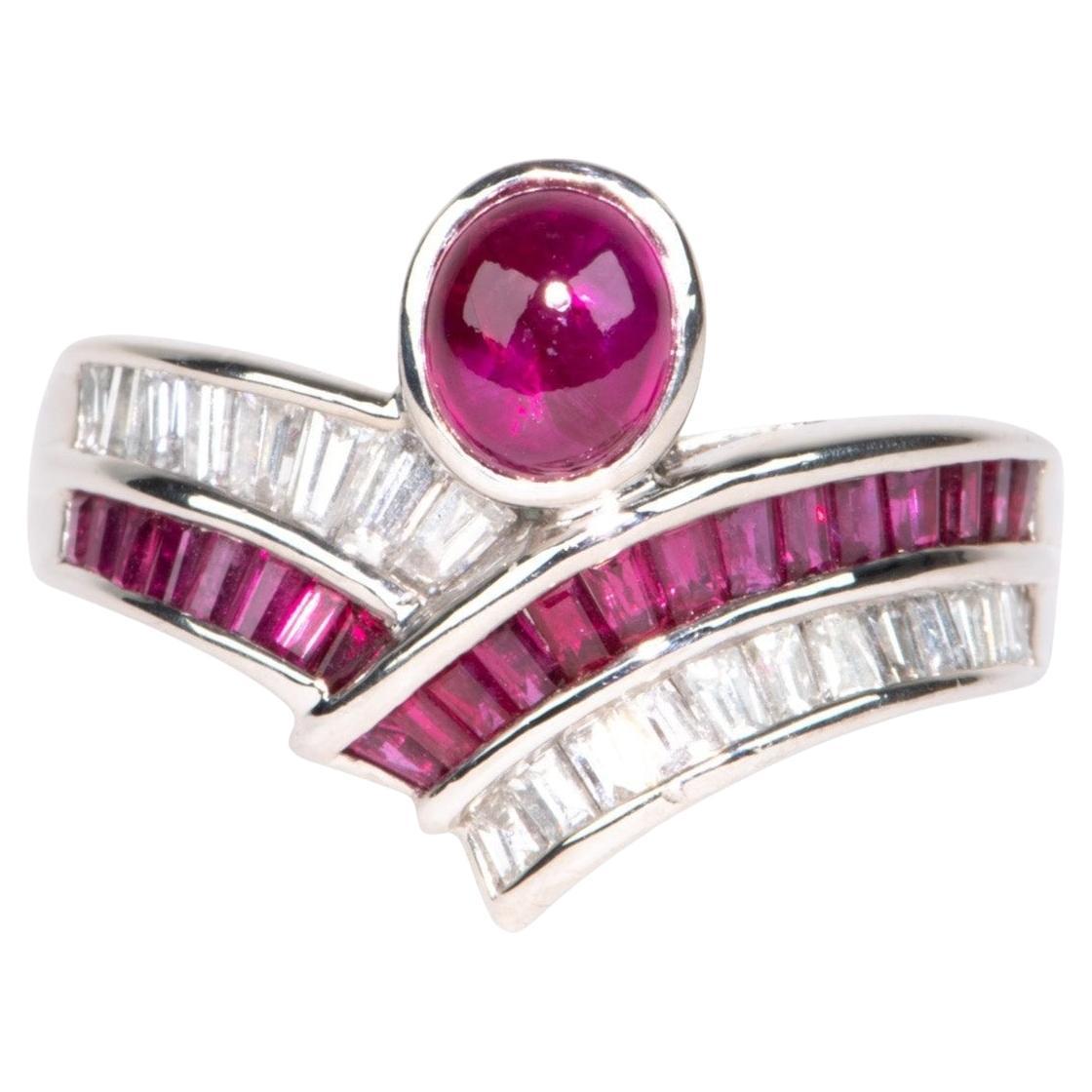 2.07ctw Ruby Cabochon and 0.63ctw Diamond Unique Chevron Stacking Band Ring For Sale