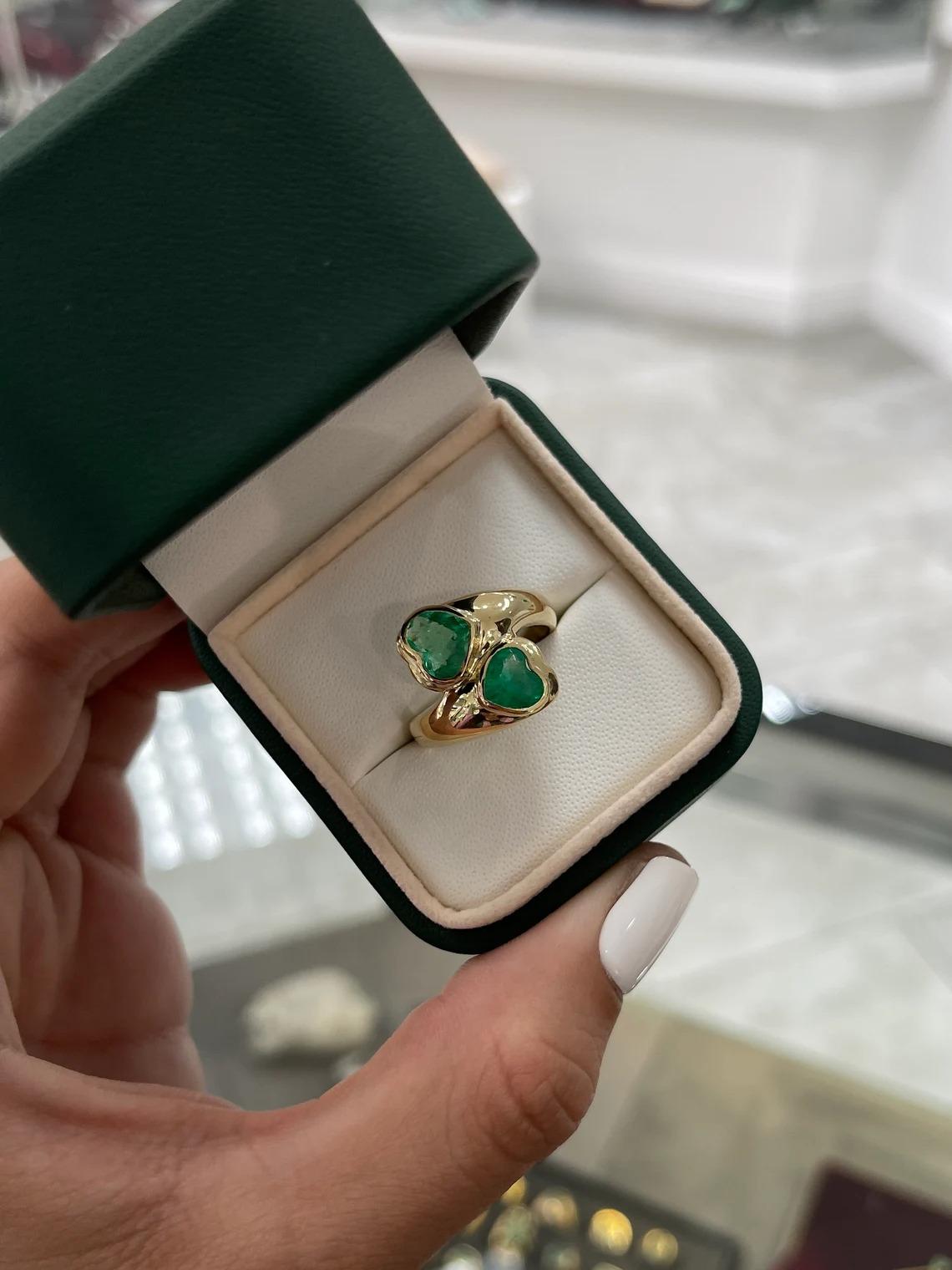 Women's 2.07tcw 14K Emerald Heart Colombian Emerald 2 Stone Gold Bezel Ring Gift Present For Sale