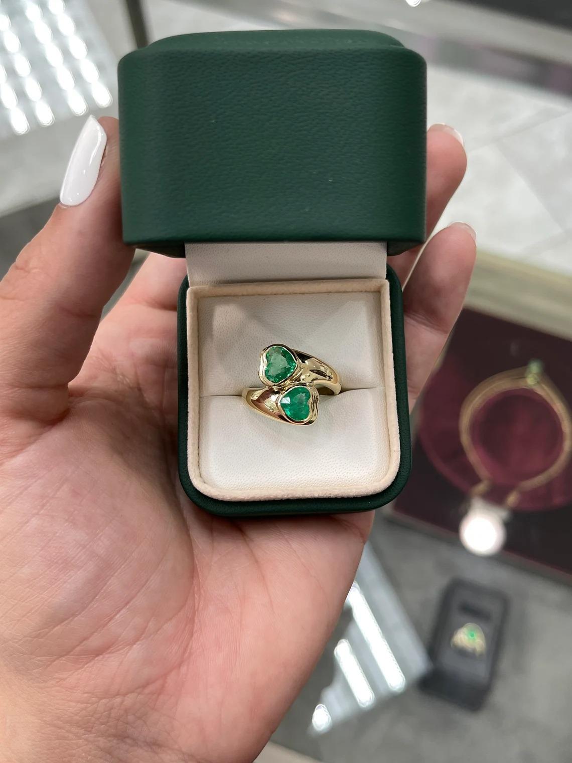 2.07tcw 14K Emerald Heart Colombian Emerald 2 Stone Gold Bezel Ring Gift Present For Sale 1