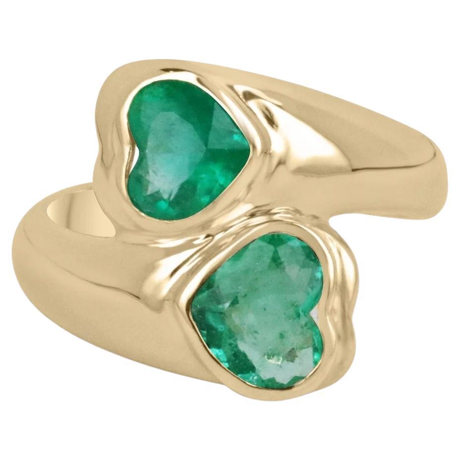 2.07tcw 14K Emerald Heart Colombian Emerald 2 Stone Gold Bezel Ring Gift Present For Sale