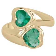 2.07tcw 14K Emerald Heart Colombian Emerald 2 Stone Gold Bezel Ring Gift Present