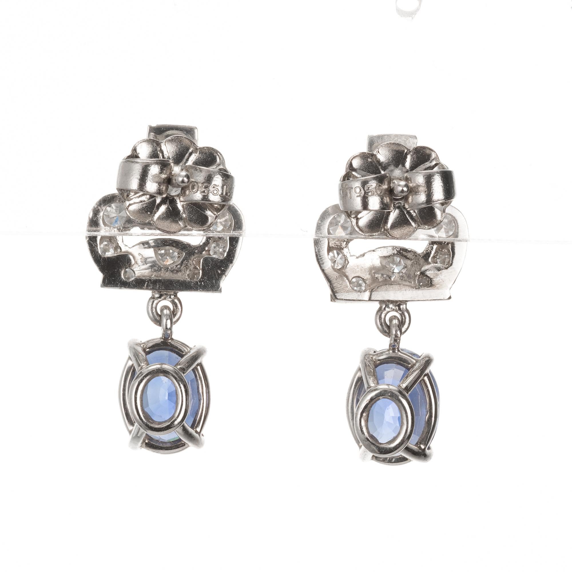 Women's 2.08 Carat Art Deco Blue Natural Sapphire Diamond Platinum Earrings