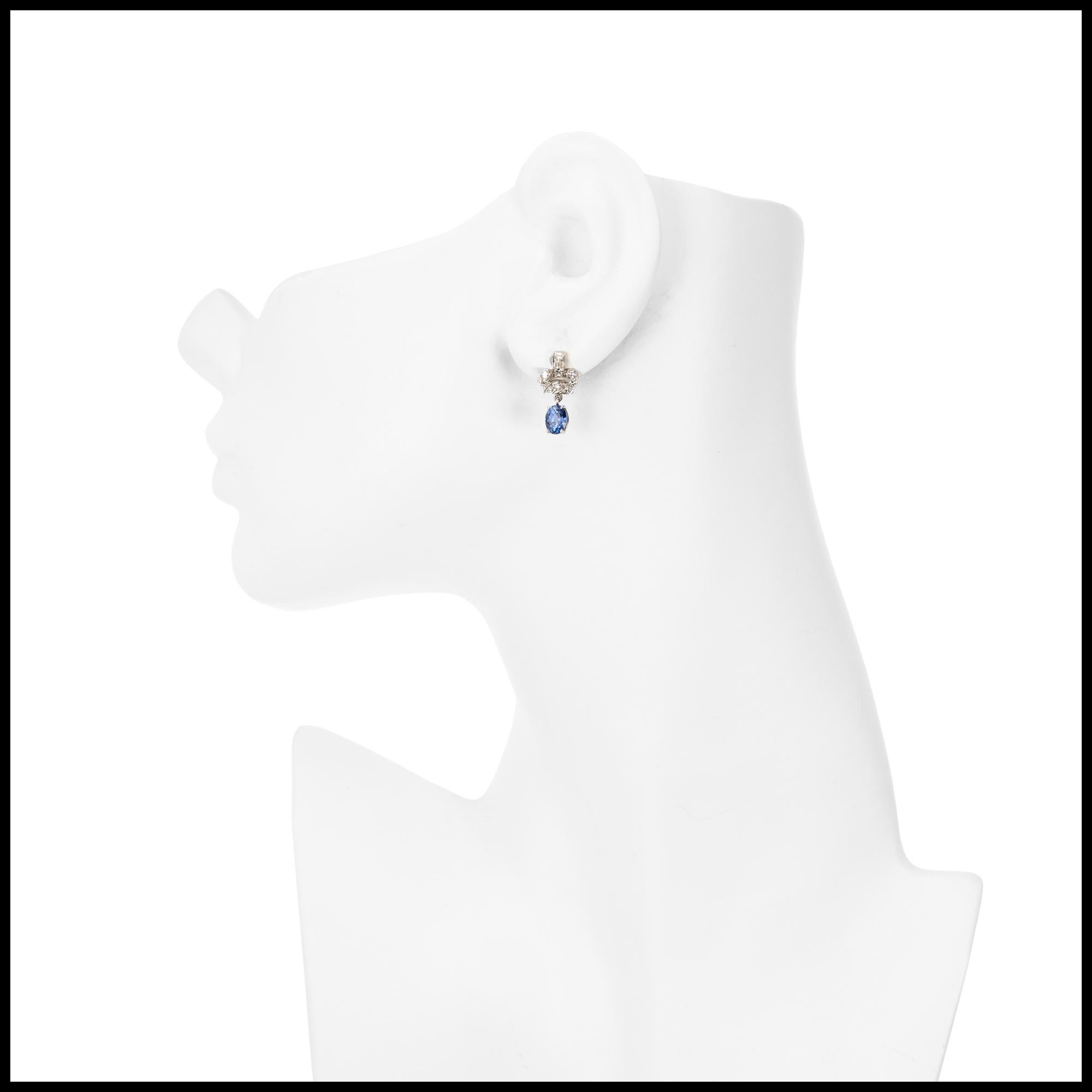 2.08 Carat Art Deco Blue Natural Sapphire Diamond Platinum Earrings 2